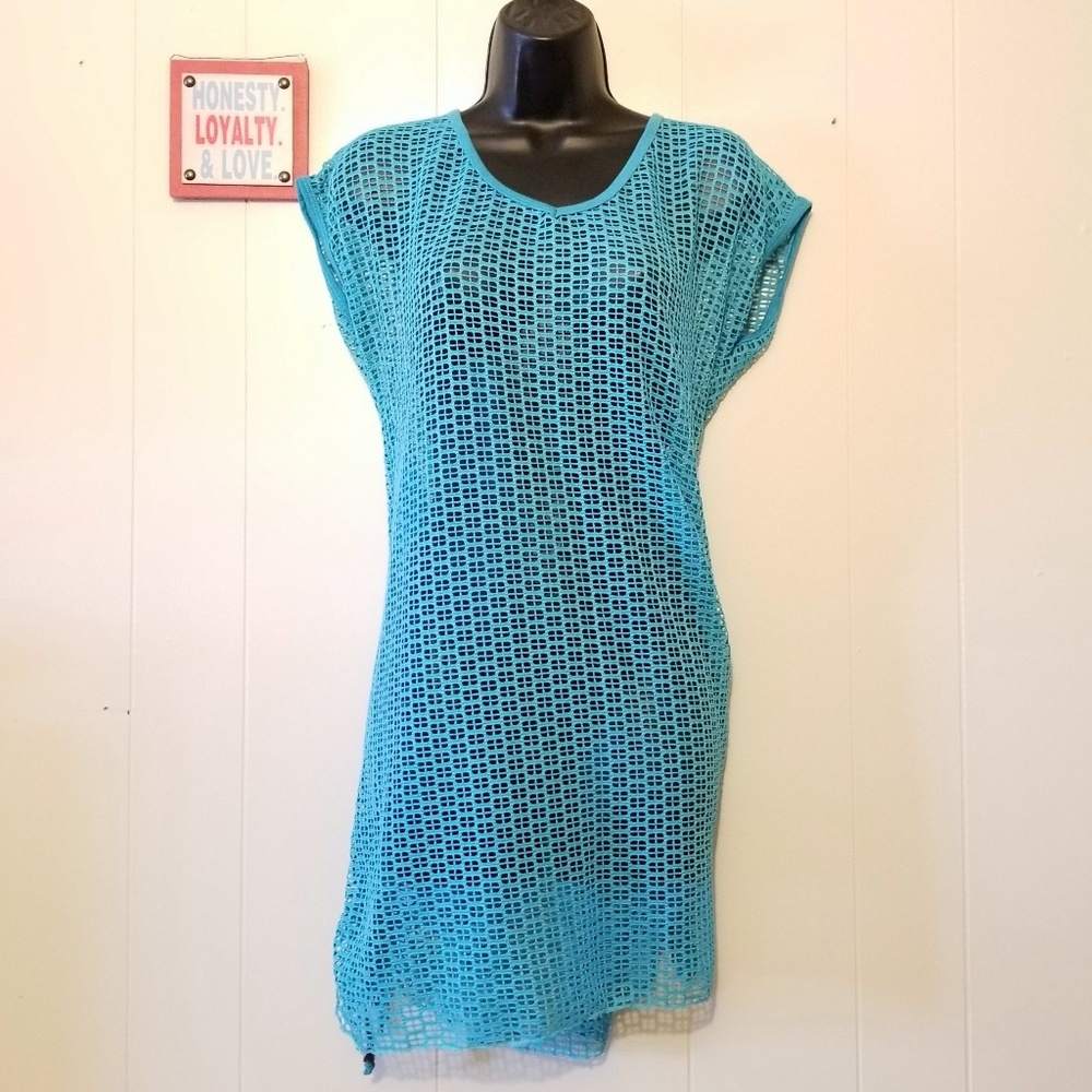 Light Blue Fishnet Drawstring Cover-up Dress XL